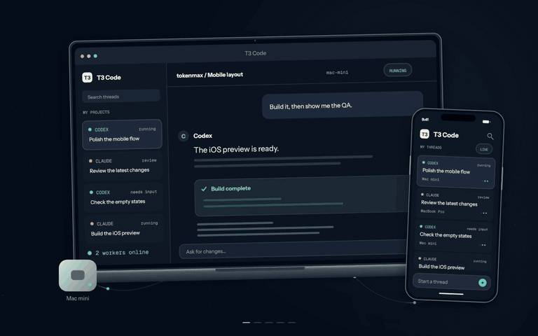 Animated illustration of T3 Code on a laptop and iPhone, with Codex and Claude tasks running on remote Mac workers.