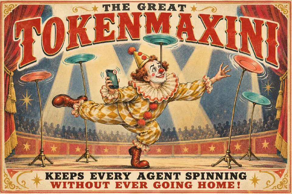 Vintage circus poster for The Great Tokenmaxini: a clown checks a phone while balancing spinning plates. The caption reads, Keeps every agent spinning without ever going home!