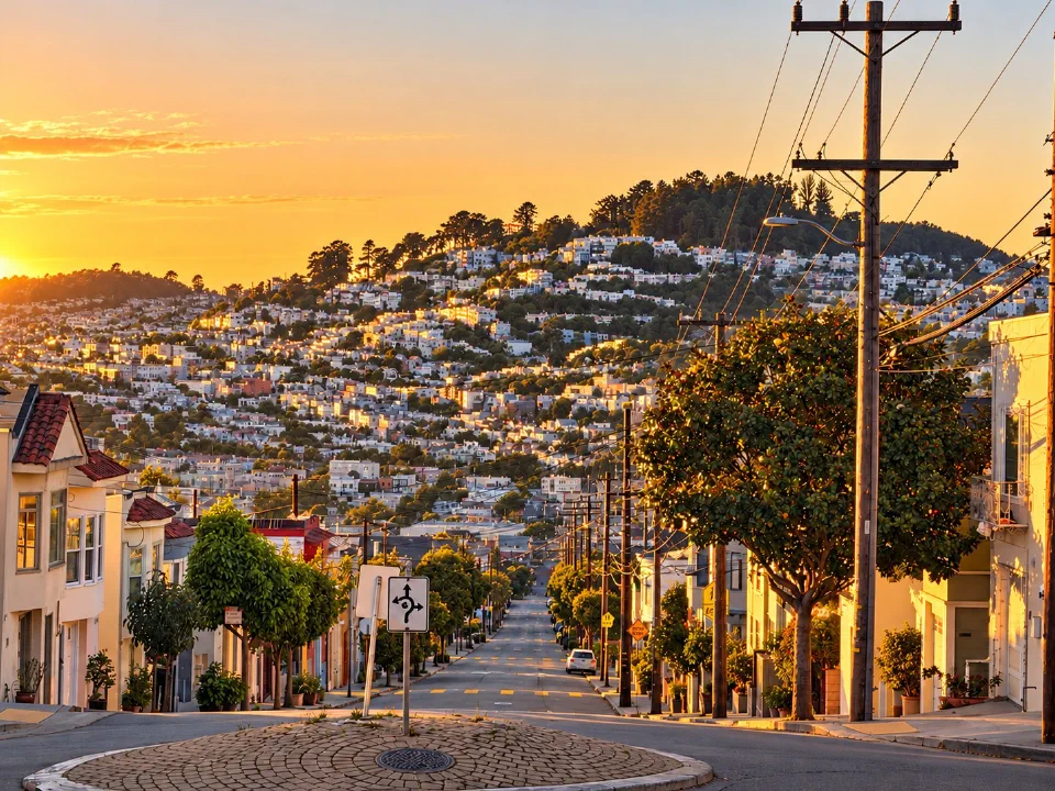 Sunset over a hillside of San Francisco houses, seen down a tree-lined street with a small roundabout and power lines in the foreground.