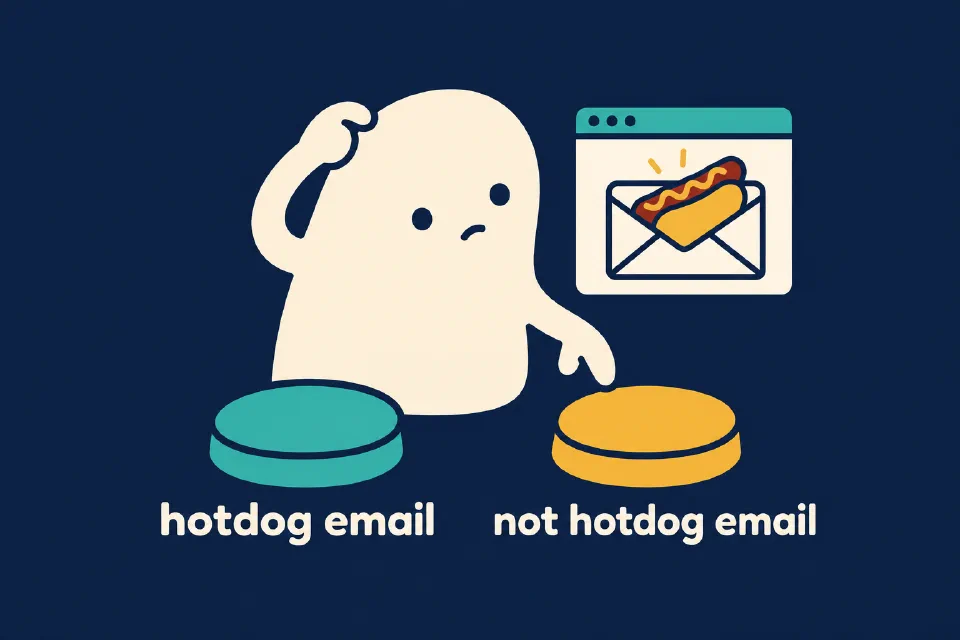 A puzzled blob character considers a hotdog email, choosing between buttons labeled hotdog email and not hotdog email.